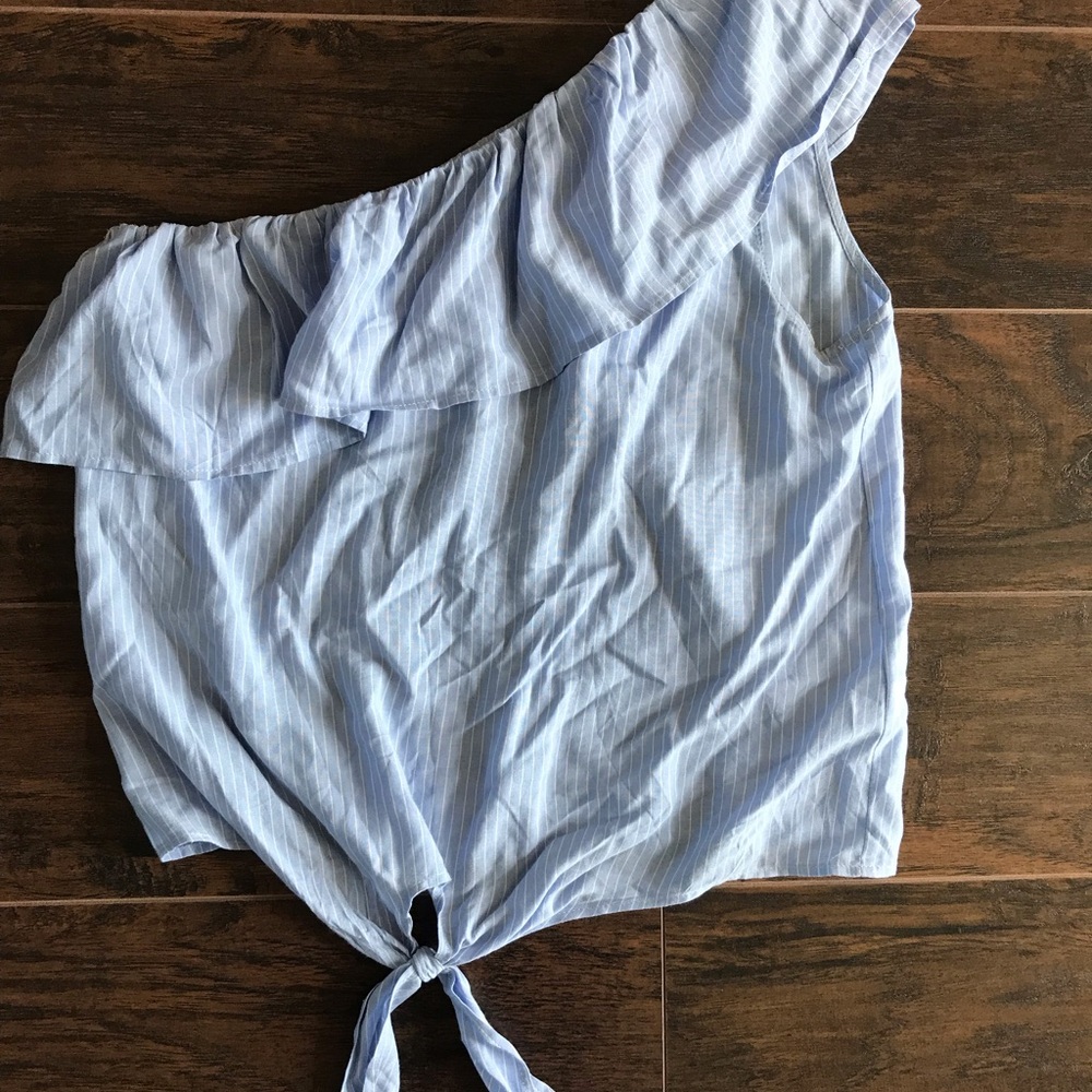 One shoulder light blue and white striped shirt